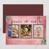 Peace on Earth Kerstmis 3 Foto Wreated Roos Gold Feestdagenkaart (Voorkant / Achterkant)