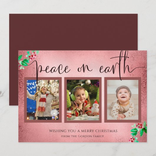 Peace on Earth Kerstmis 3 Foto Wreated Roos Gold Feestdagenkaart (Voorkant / Achterkant)