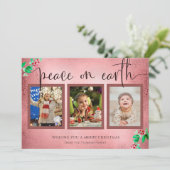 Peace on Earth Kerstmis 3 Foto Wreated Roos Gold Feestdagenkaart (Staand voorkant)