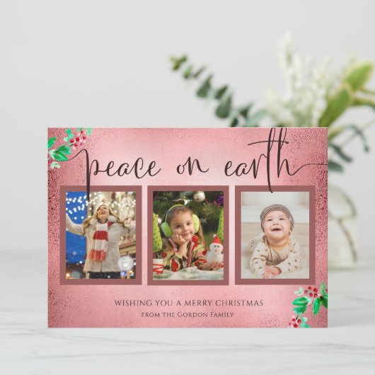 Peace on Earth Kerstmis 3 Foto Wreated Roos Gold Feestdagenkaart (Staand voorkant)