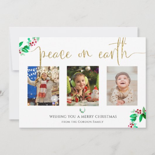 Peace on Earth Kerstmis 3 Fotogrote Waterverf Feestdagenkaart (Voorkant)