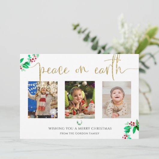 Peace on Earth Kerstmis 3 Fotogrote Waterverf Feestdagenkaart (Staand voorkant)