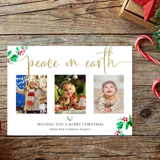 Peace on Earth Kerstmis 3 Fotogrote Waterverf Feestdagenkaart