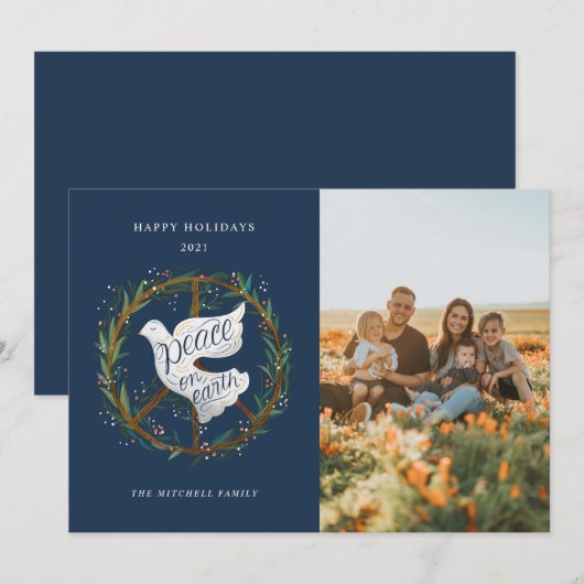 Peace on Earth Lettering Dove Peace Sign Foto Feestdagenkaart (Voorkant / Achterkant)