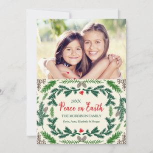 Peace On Earth Pine Branches Holiday Photo Card Feestdagenkaart