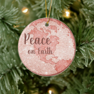 Peace on Earth Roos Goud Glitter Roze Kerst Keramisch Ornament