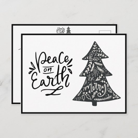 Peace on Earth Script Black White Holiday Briefkaa Feestdagenkaart (Voorkant / Achterkant)