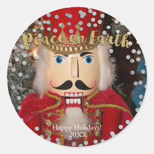 Peace on Earth Silver & Gold Nutcracker Kerstmis Ronde Sticker (Voorkant)