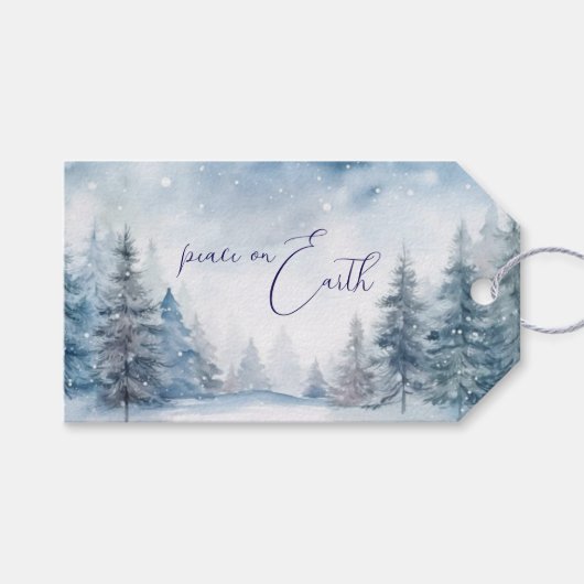 Peace on Earth Soft Blue Forest Christmas Cadeaulabel (Voorkant (Horizontaal))
