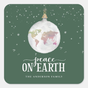 Peace on Earth Wereldbol Ornament Groene Vakantie Vierkante Sticker