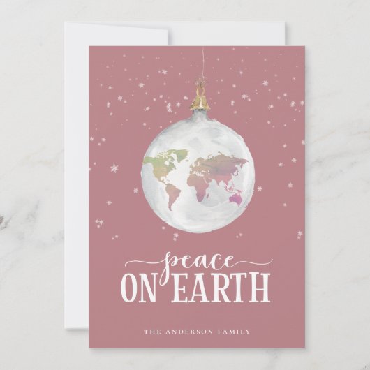 Peace on Earth Wereldbol Ornament Mauve Feestdagenkaart (Voorkant)