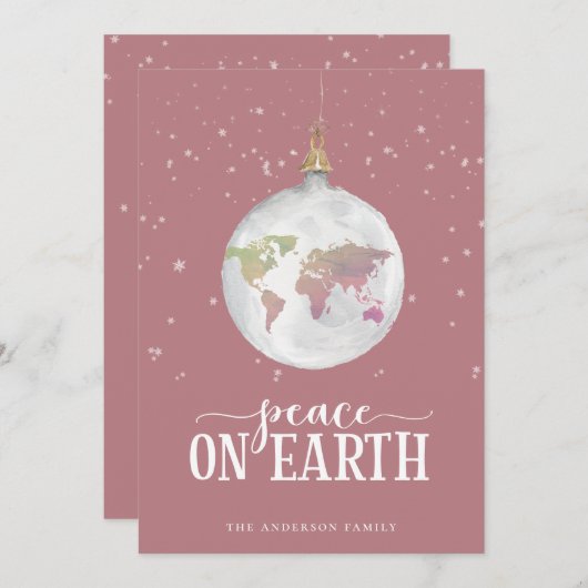 Peace on Earth Wereldbol Ornament Mauve Feestdagenkaart (Voorkant / Achterkant)