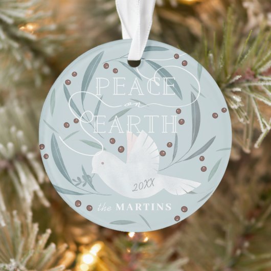Peace on Earth White Dove Light Blue Holiday Foto Ornament (Boom)