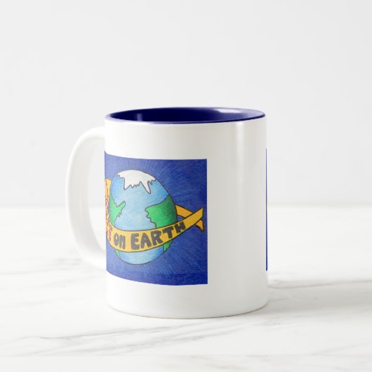 PEACE op aarde Tweekleurige Koffiemok (Voorkant links)