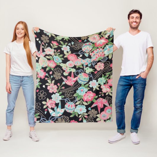 Peace Orizuru en Flower, Japans ontwerp Fleece Deken (In situ)