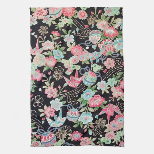 Peace Orizuru en Flower, Japans ontwerp Theedoek (Verticaal)
