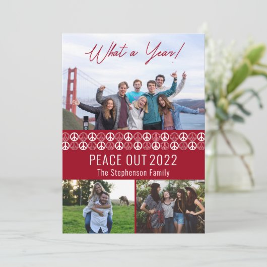 Peace Out 2023 Wat een jaar 3 fotocollage - Rood Feestdagenkaart (Staand voorkant)