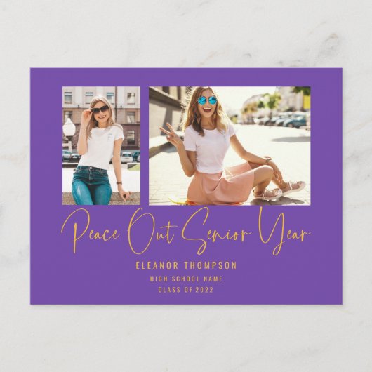 Peace Out 2 Photo Script 2022 Afstuderen Paars Aankondigingskaart (Voorkant)