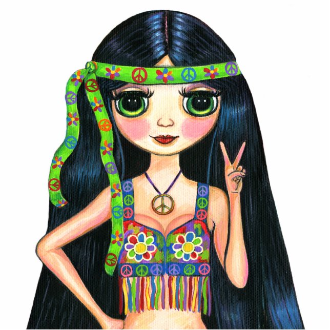 Peace Out Girl Hippie Flashbord Staand Fotobeeldje (Voorkant)