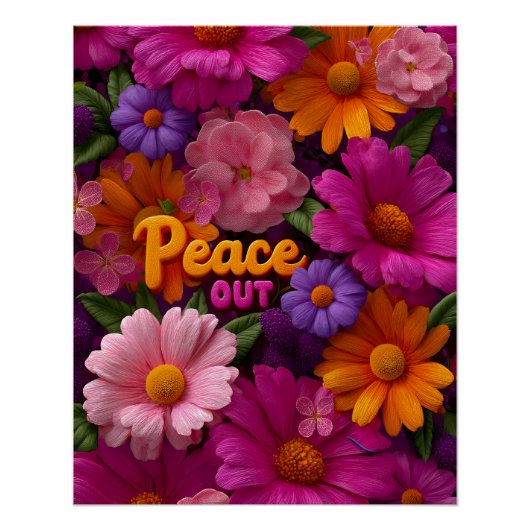 Peace Out Hippie Floral Neon Peace Sign Pattern Perfect Poster (Voorkant)