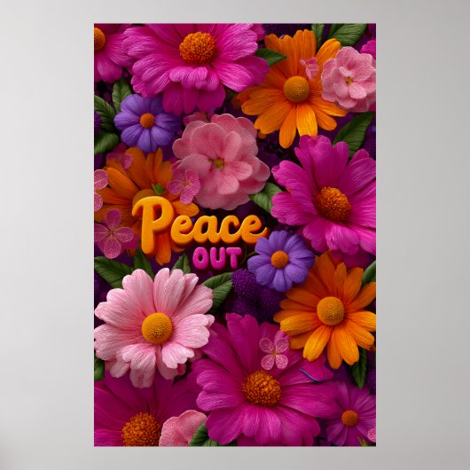 Peace Out Hippie Floral Neon Peace Sign Pattern Poster (Voorkant)