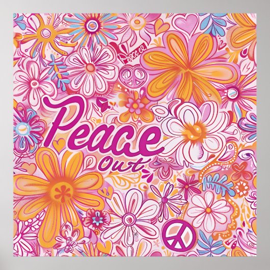 Peace Out Hippie Floral Peace Sign Retro Pattern Poster (Voorkant)