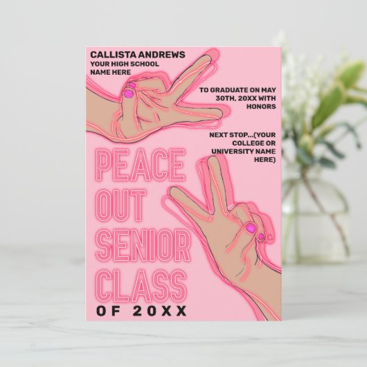 Peace Out School Pink Neon Lights Afstuderen Aankondiging (Staand voorkant)