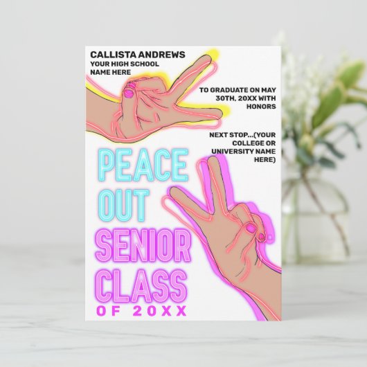 Peace Out School Pink Neon Lights Afstuderen Aankondiging (Staand voorkant)