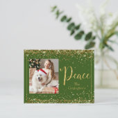 Peace Photo Gold Glitter Script Holiday Briefkaart (Staand voorkant)