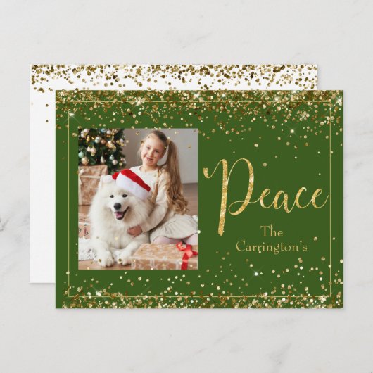 Peace Photo Gold Glitter Script Holiday Briefkaart (Voorkant / Achterkant)