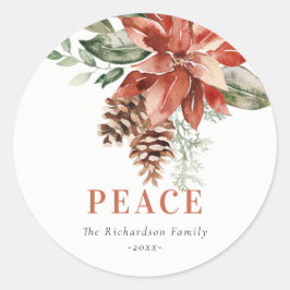 Peace Poinsettia Bunch Waterverf Pine Kerstmis Ronde Sticker