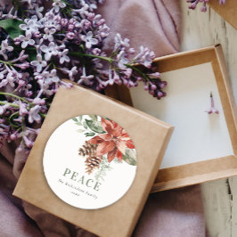 Peace Poinsettia Bunch Waterverf Pine Kerstmis Ronde Sticker