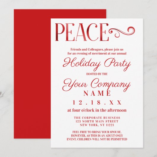 Peace Quote White Red Folie Corporate Holiday Kaart (Voorkant / Achterkant)