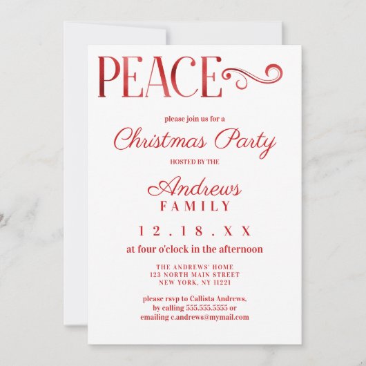 Peace Quote White Red Folie Eenvoudige kerstmis Kaart (Voorkant)