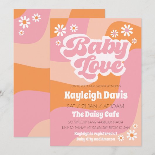 Peace Retro Groovy 70s Baby Love Shower Uitnodigin Kaart (Voorkant / Achterkant)