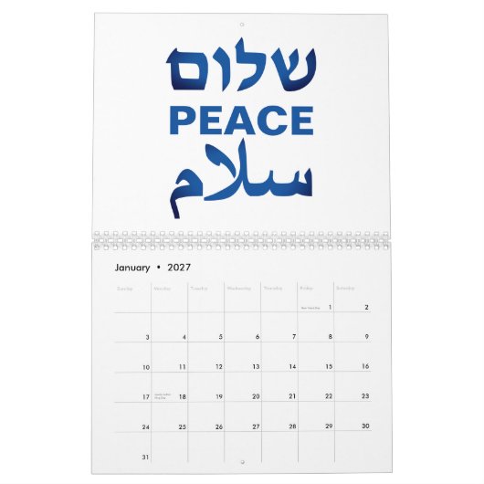 Peace Shalom Salaam wit & blauw moderne typografie Kalender (Jan 2027)