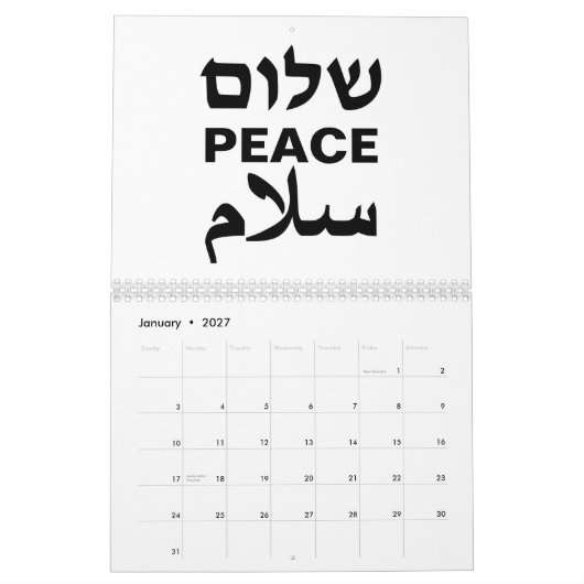 Peace Shalom Salaam wit zwart moderne typografie Kalender (Jan 2027)