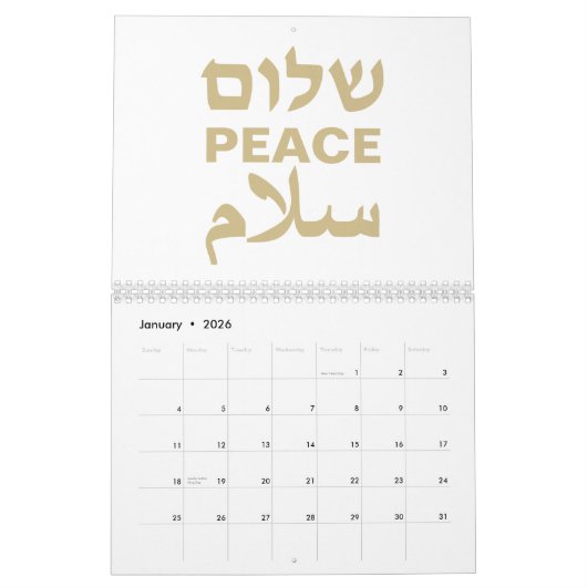 Peace Shalom Salaam witgoud moderne typografie Kalender (Jan 2026)