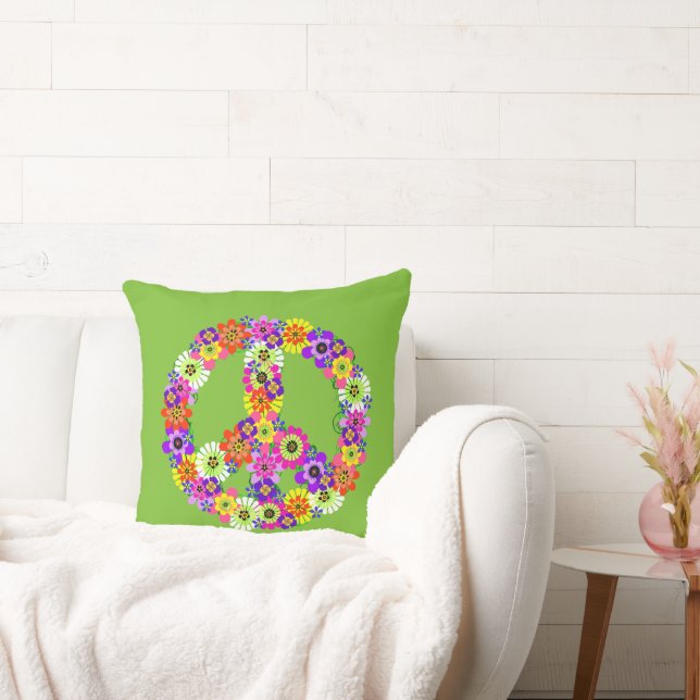 Peace Sign Floral in Lime Green Kussen (Bank)