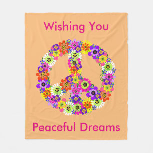 Peace Sign Floral in Peach Peaceful Dreams Fleece Deken