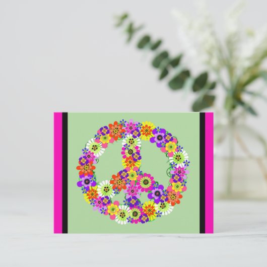 Peace Sign Floral met fuchsia en zwarte grens Briefkaart (Staand voorkant)