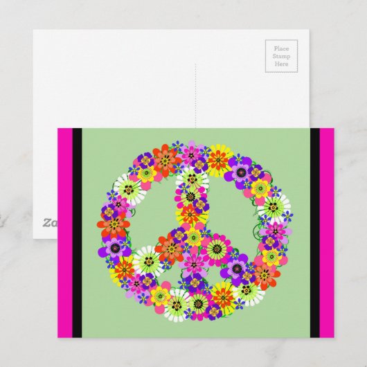 Peace Sign Floral met fuchsia en zwarte grens Briefkaart (Voorkant / Achterkant)