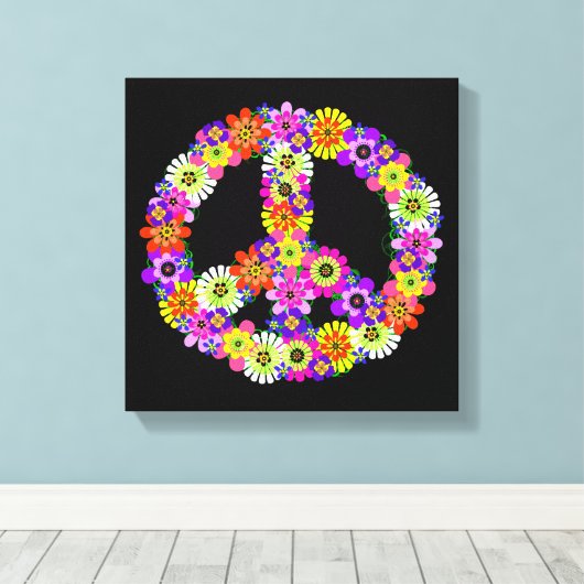 Peace Sign Floral op zwart Canvas Afdruk (Insitu (Houten vloer))