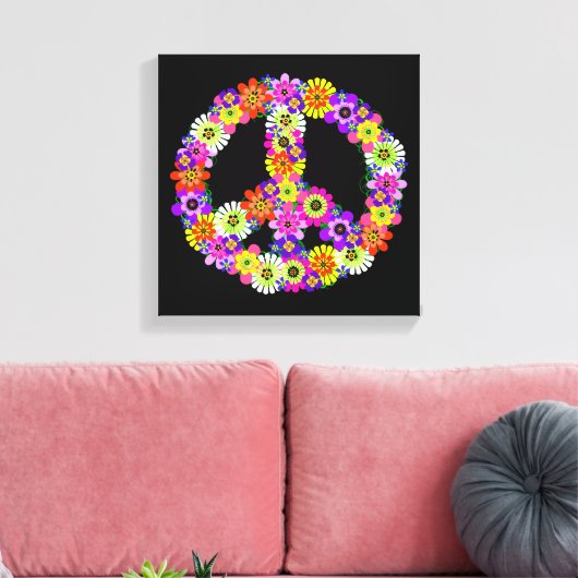 Peace Sign Floral op zwart Canvas Afdruk (Insitu (Woonkamer))