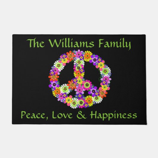 Peace Sign Floral op zwart Gepersonaliseerd Deurmat (Voorkant)