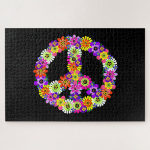 Peace Sign Floral op zwart Legpuzzel
