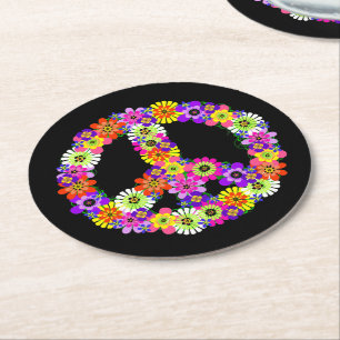 Peace Sign Floral op zwart Ronde Kartonnen Onderzetter