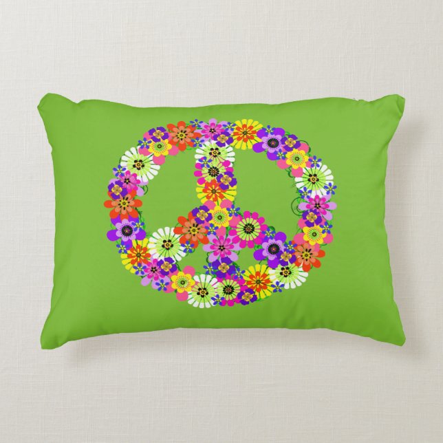 Peace Sign Floral over Lime Green Accent Kussen (Voorkant)