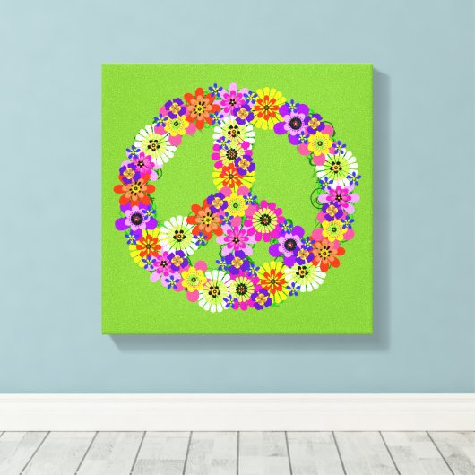 Peace Sign Floral over Lime Green Canvas Afdruk (Insitu (Houten vloer))