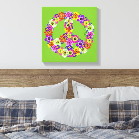Peace Sign Floral over Lime Green Canvas Afdruk (Insitu (Slaapkamer))